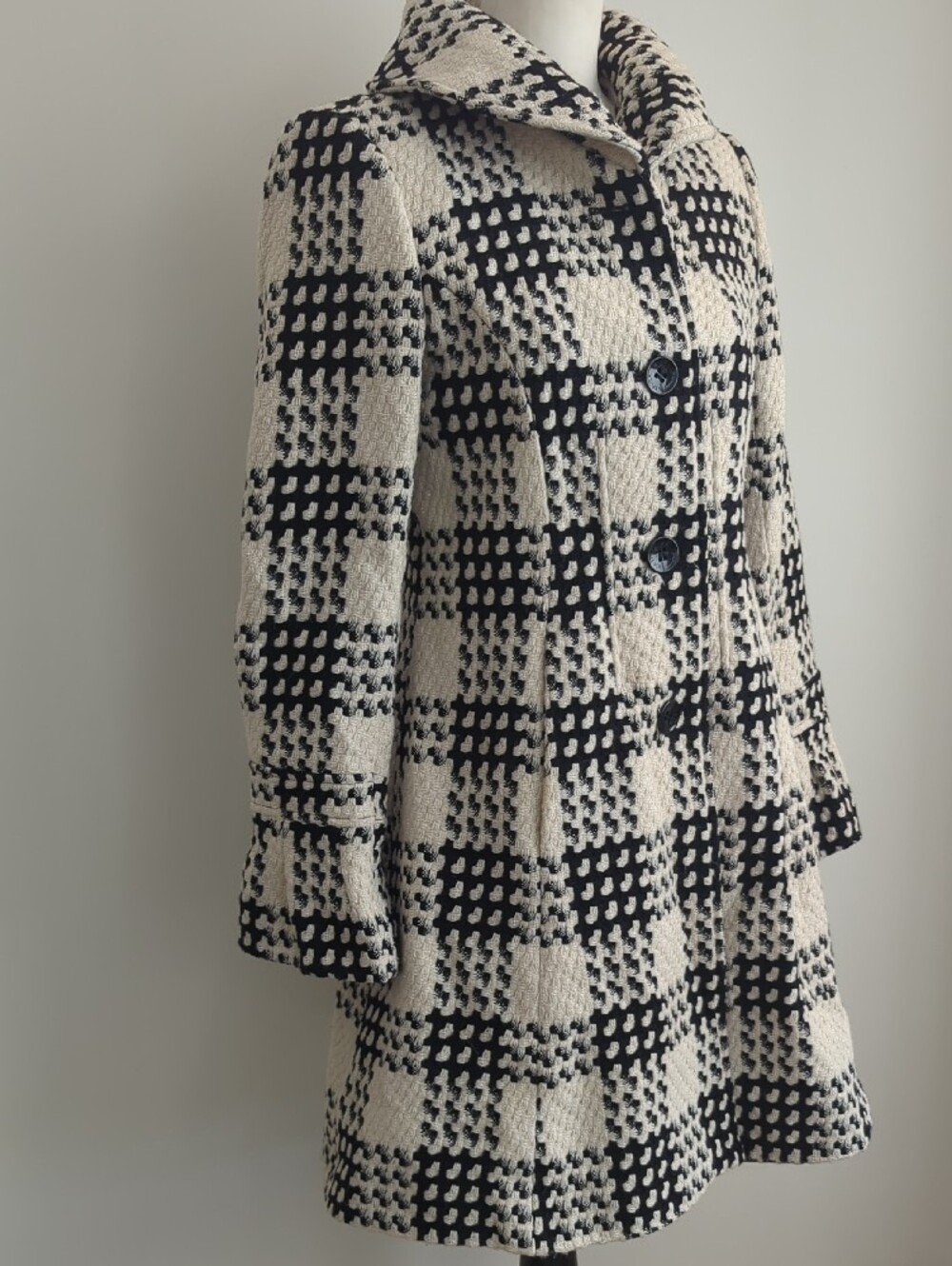 Via Spiga Vintage Monochrome Plaid Flared Skirt Bell Sleeve Winter Peacoat - Picture 3 of 13